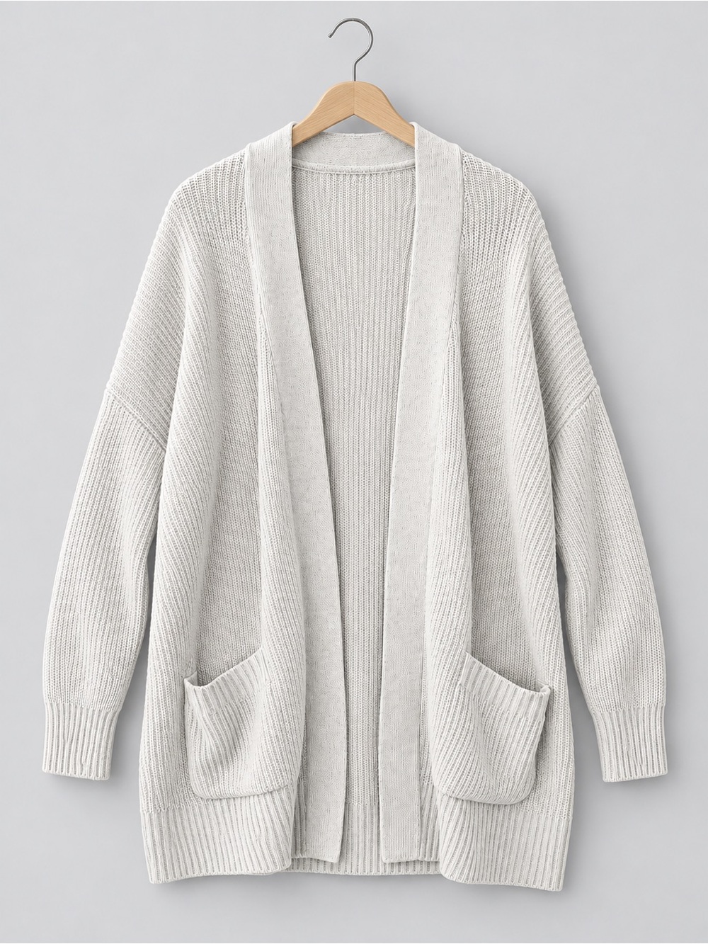 Twik Simons Oversized Light Grey Shaker Rib Open Front Pocket Cardigan Sweater